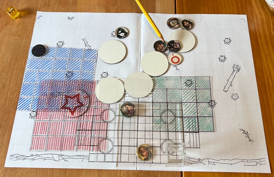 The heroes trying to safely reach the dungeon&rsquo;s entrance without getting eaten by alligators of touching the dangerous blue mist.