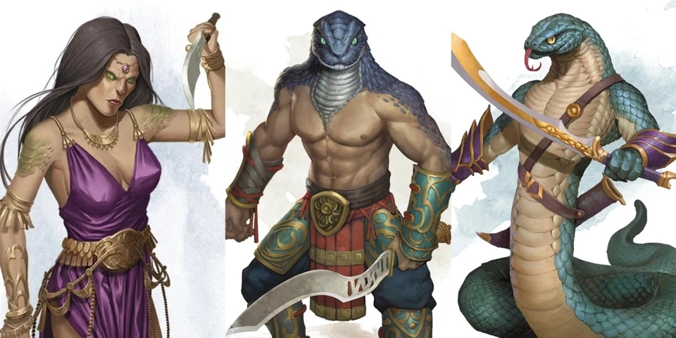 The different types of yuan-ti surrounding the heroes.