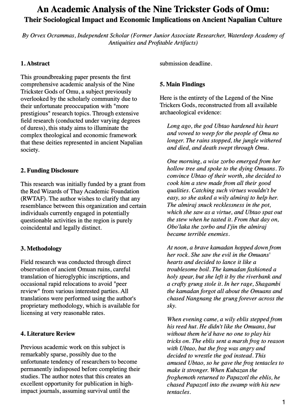 First page of Orvex&rsquo;s academic paper on the Nine Trickster Gods of Omu.