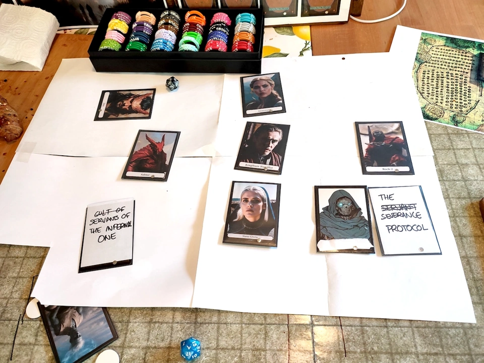 The heroes&rsquo; planning board with the warforged XV-7, the red dragon born, and Soto on the bottom left.