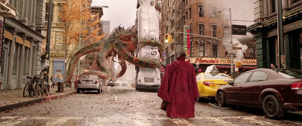 Doctor Strange countering the invisibility of Gargantos, a monster that&rsquo;s chasing America.