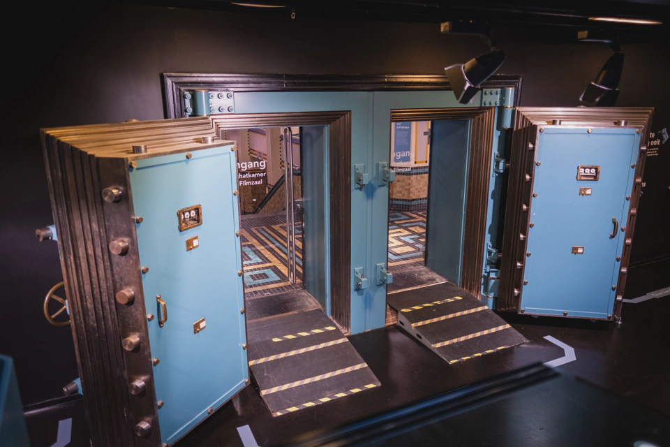 Entrance to the underground archives. The interior floors and walls are as colorful as the small part of the floor visible here.