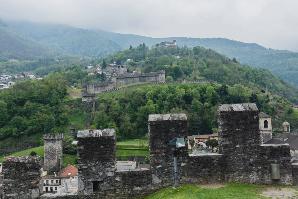 View of castle Montebello (front) and Castello di Sasso Corbaro (back).