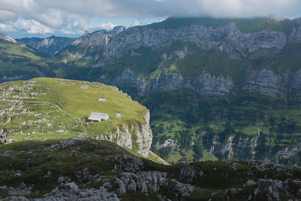 Dramatic view of a lonely mountain hut.