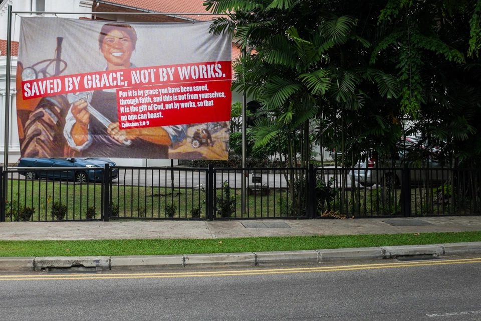 &lsquo;Saved by grace, not by works&rsquo; in a christian church.